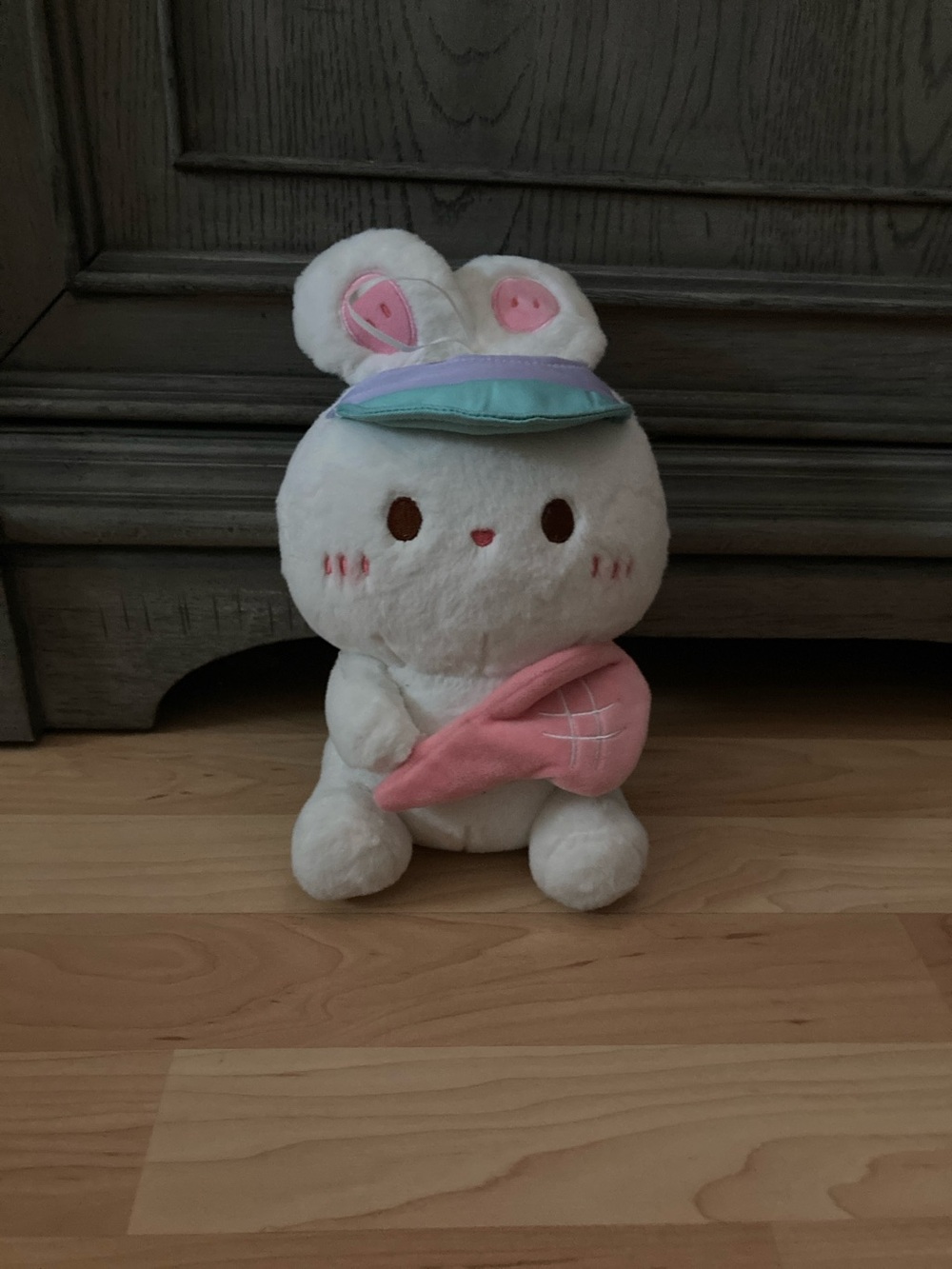 Source Unknown White Bunny Plush with Pink Accessory and Blue Hat